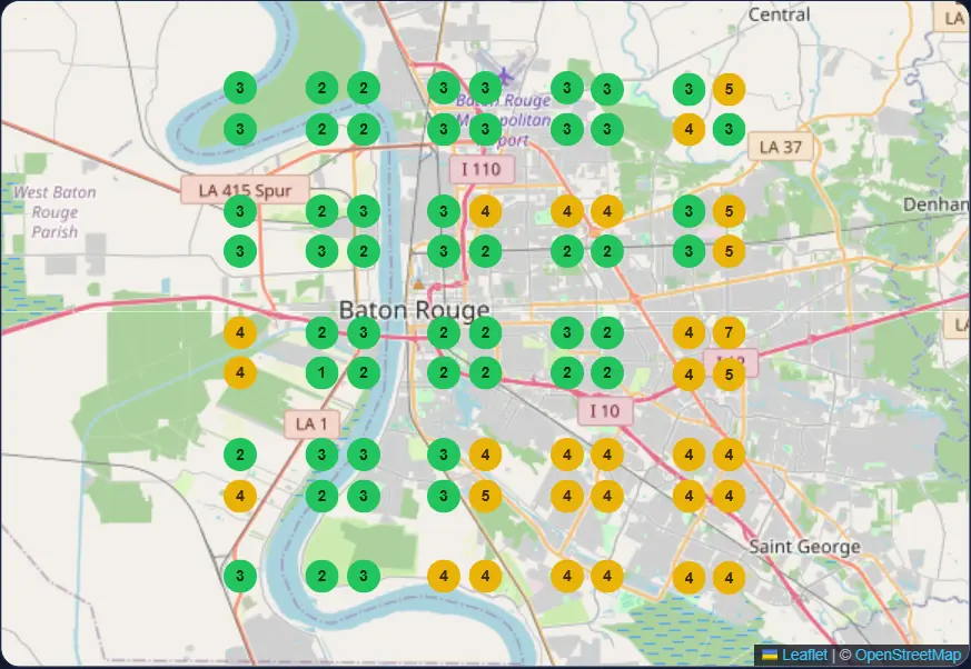 Google Maps ranking grid for spray foam insulation in Baton Rouge, Louisiana after optimization: 51 green and 0 red points