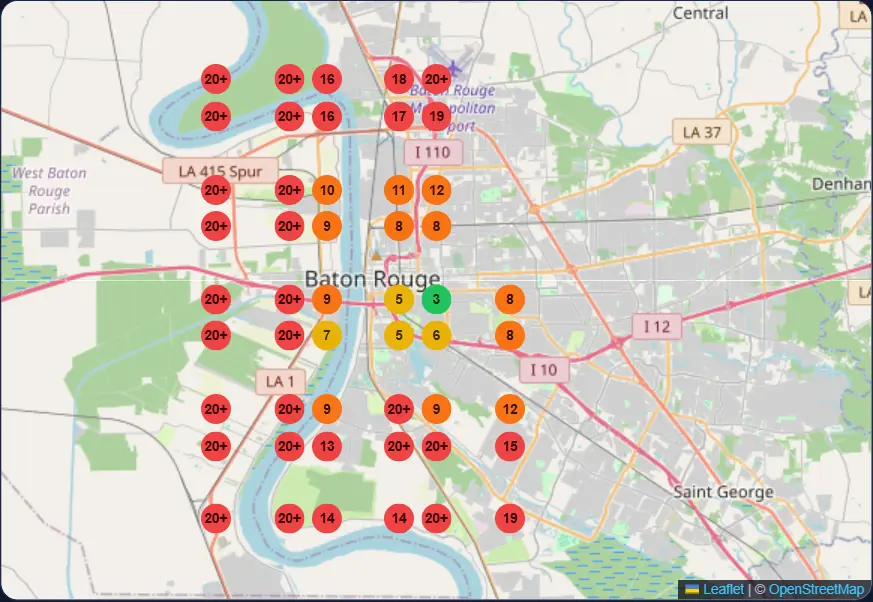 Google Maps ranking grid for spray foam insulation in Baton Rouge, Louisiana before optimization: 33 red and 1 green points