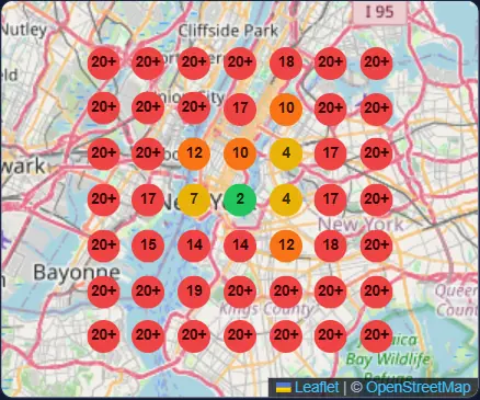Google Maps ranking grid in Manhattan, New York before optimization