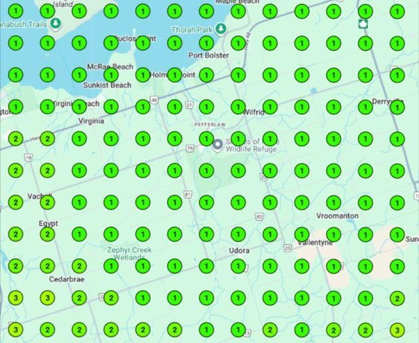 Google Maps ranking grid in Ontario, Canada after optimization