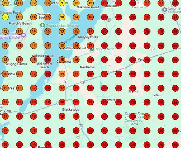 Google Maps ranking grid in Ontario, Canada before optimization