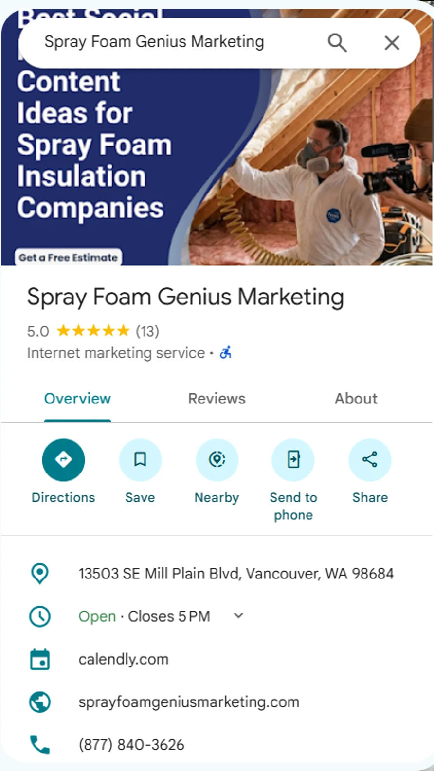 A real Google Business Profile on Google Maps: Spray Foam Genius Marketing with a 5.0 star rating, category, address, opening status, website and phone number