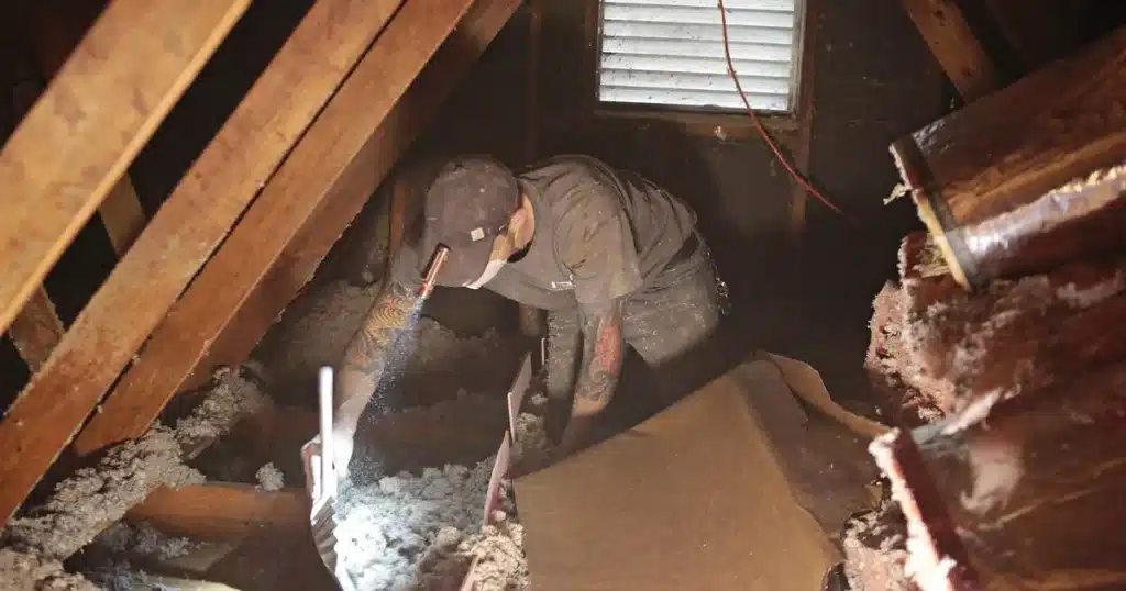 Retrofitting spray foam insulation in an existing home attic space Retrofitting spray foam insulation in an existing home attic space