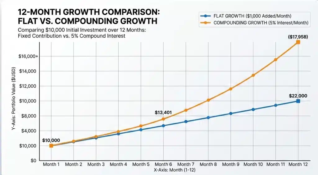 comparing flat vs compounding growth over 12 months. comparing flat vs compounding growth over 12 months.