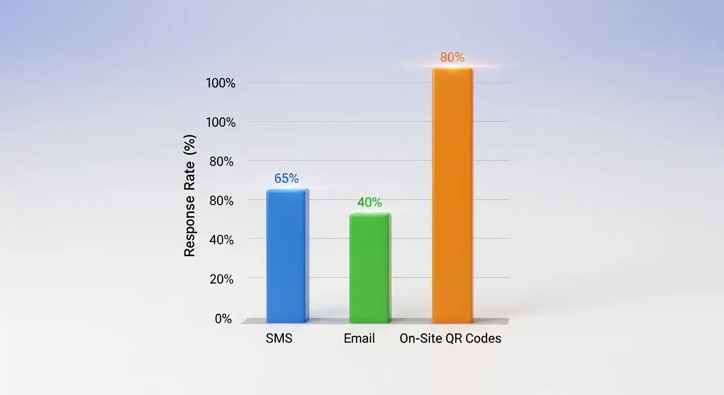 Bar graph comparing response rates across channels SMS, email, and on-site QR codes Bar graph comparing response rates across channels SMS, email, and on-site QR codes
